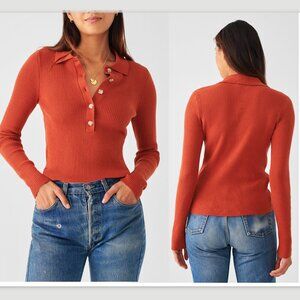 NEW Faherty Mikki Polo Long Sleeve Ribbed Pullover Burnt Brick (Orange) - L
